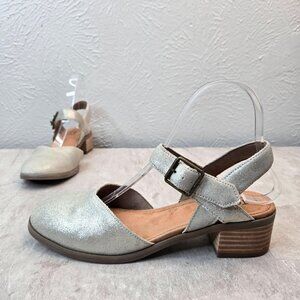 Toms Jaclyn Maryjane Pumps Leather Silver Dressy Low Block Heel Comfort Shoe 6.5